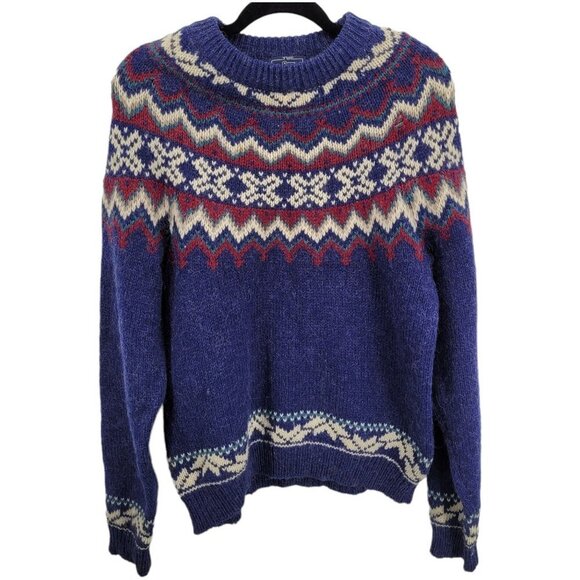 Woolrich Womens Large Vintage blue white red fair isle Wool blend sweater FLAWED - Picture 1 of 13
